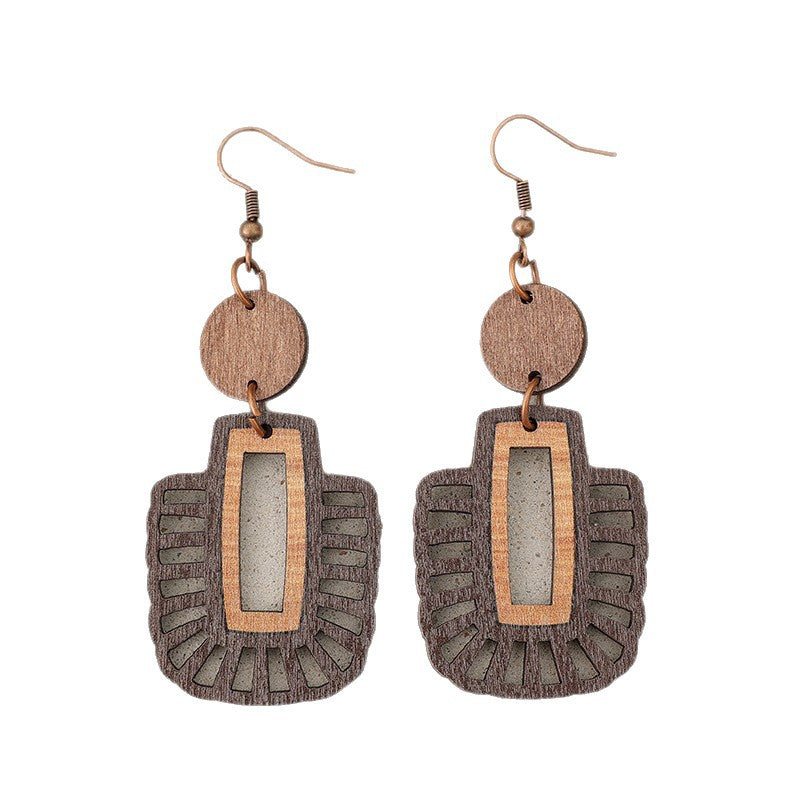 Wholesale Retro Cut Out Geometric Splicing Small Round Wood Piece Women' s Simple Earrings