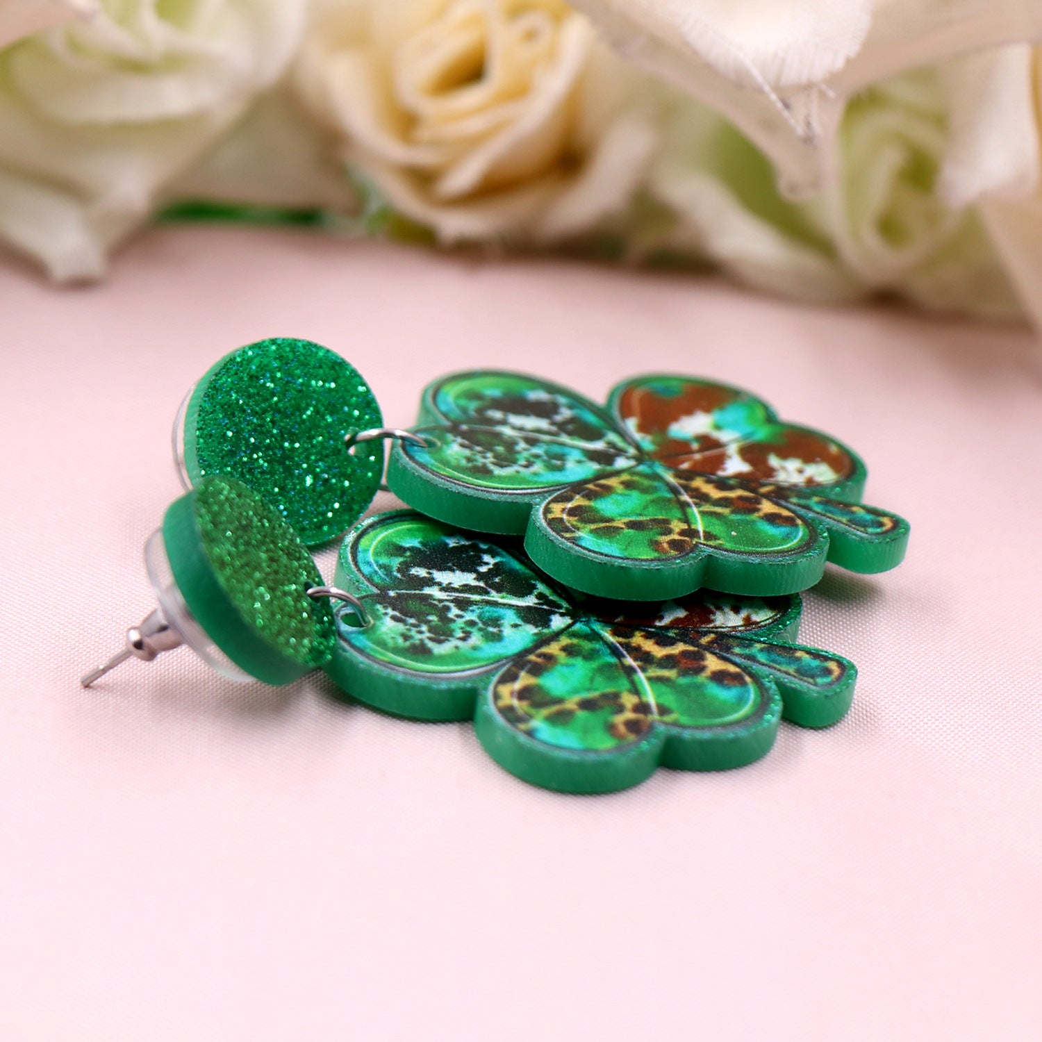 Wholesale St. Patrick's Day Four Leaf Clover Milk Leopard Earrings