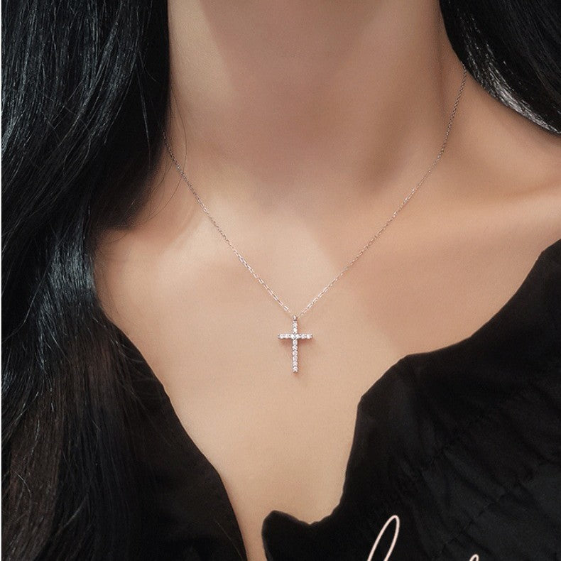 Wholesale Punk Style Cross-Border European and American Diamond-Encrusted Cross Sweater Necklace for Women,  Light Luxury Sweatshirt Chain,  Simple and Versatile Clavicle Chain