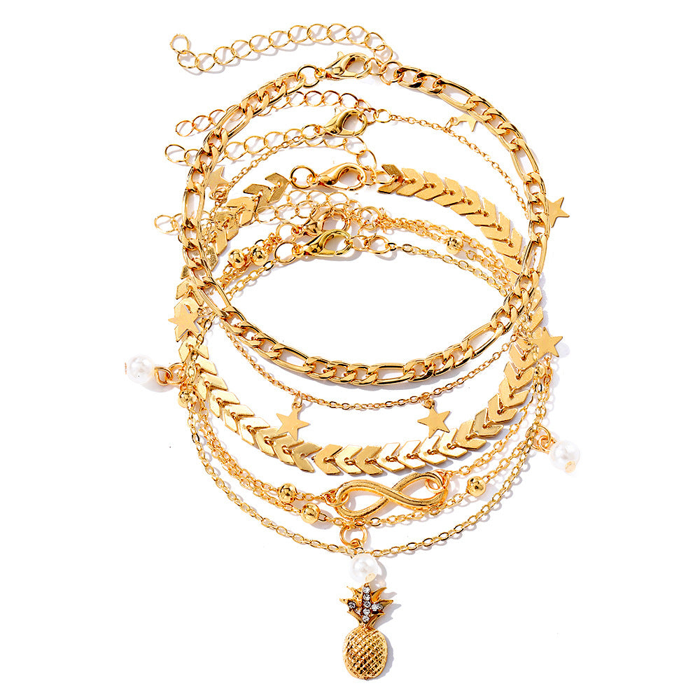 Wholesale Retro Beach Pineapple Pearl Layered Anklet Set For Women Fashion Jewelry Accessory Gift