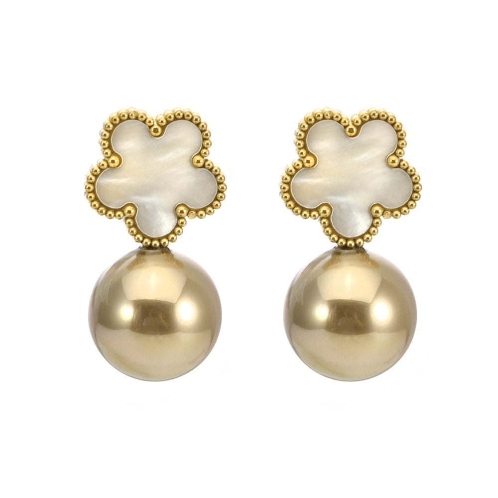 Wholesale Titanium Steel Five Leaf Flower Shell Earrings ACC-ES-QianHui004