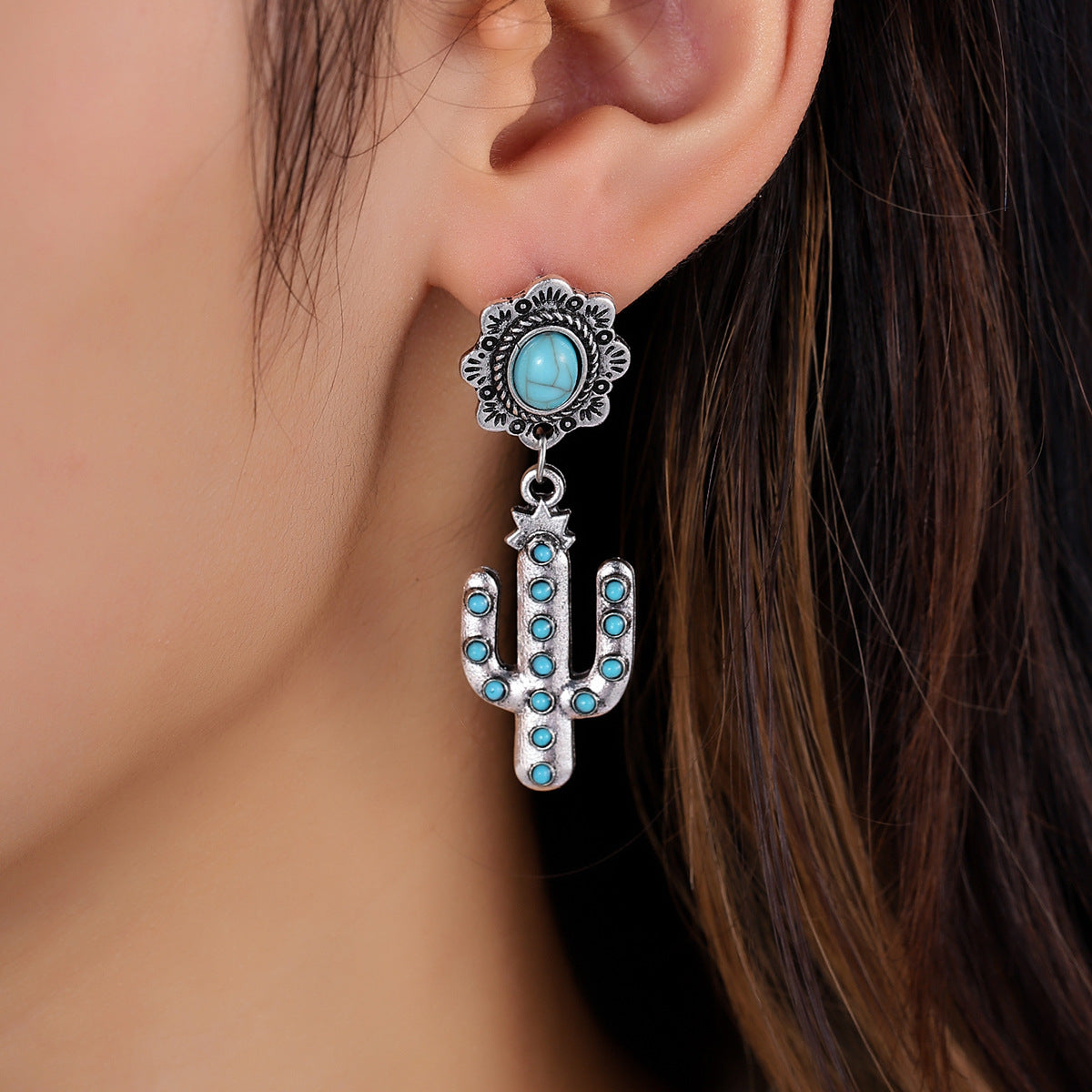 Wholesale Alloy Electroplated Retro Geometric Turquoise Earrings - Cactus Design Fashion Accessory