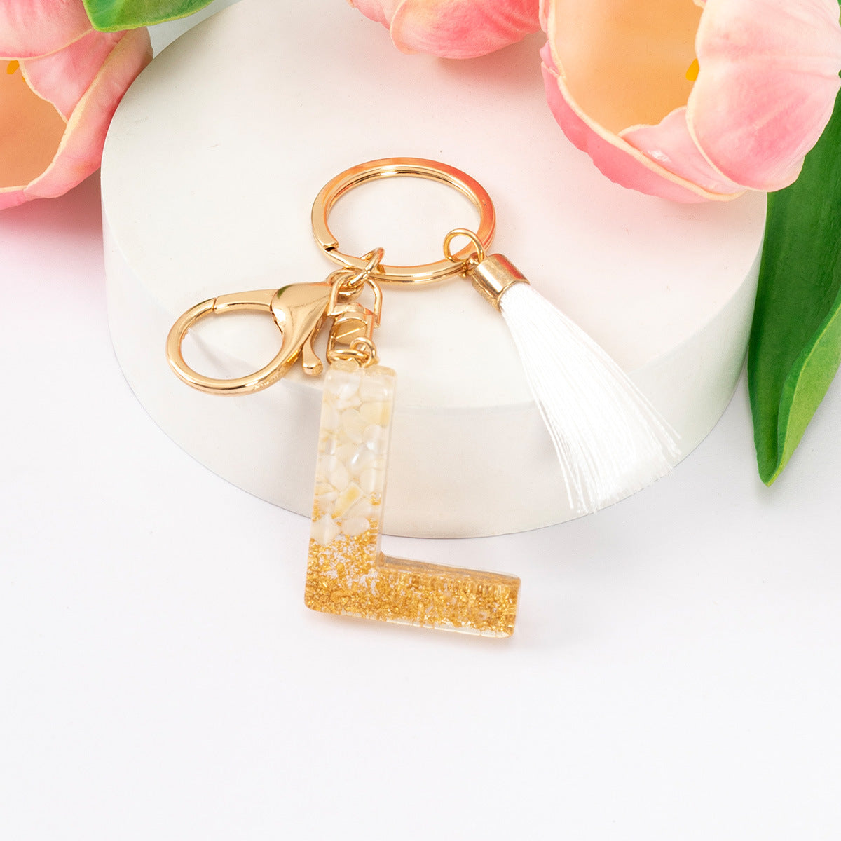 Wholesale Gold Foil New Resin Crystal Glue White Tassel Color English Digital Keychain