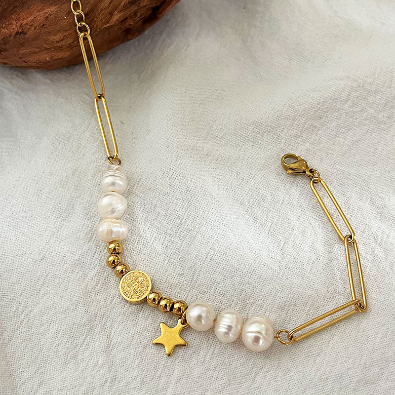 Wholesale stainless steel natural pearl five-pointed bracelet