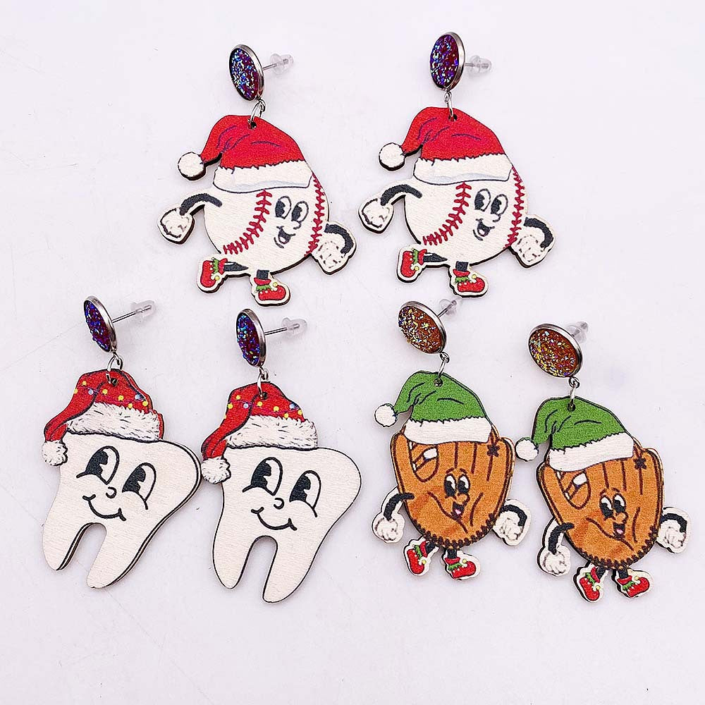Wholesale  Christmas Earrings Baseball Wooden Earrings