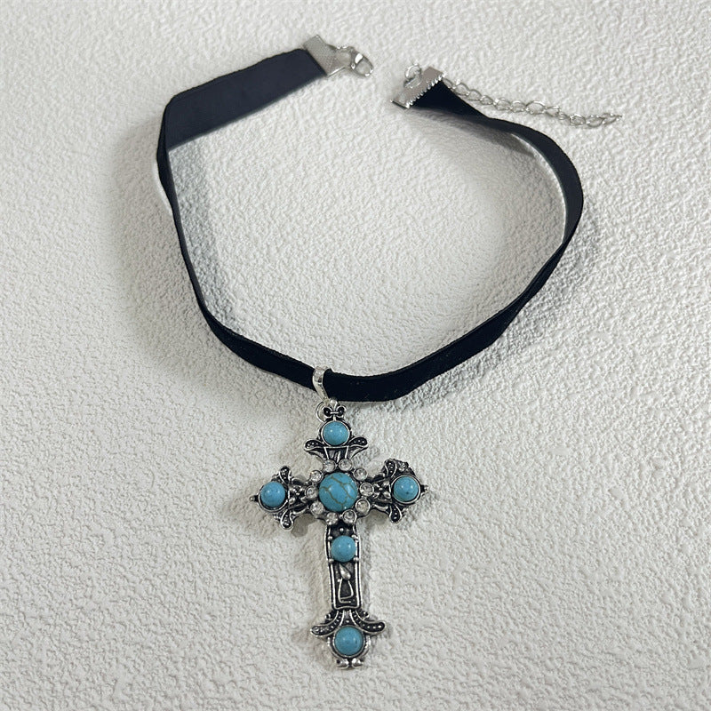 Wholesale New vintage-style,  distinctive cross earrings and necklace set,  featuring creatively distressed,  turquoise-inlaid pendants