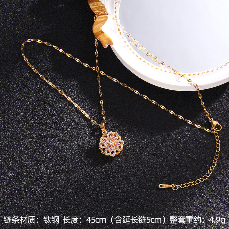 Wholesale Zircon Rotating Four Leaf Clover Flower Pendant Titanium Steel Necklace ACC-NE-Rongc006