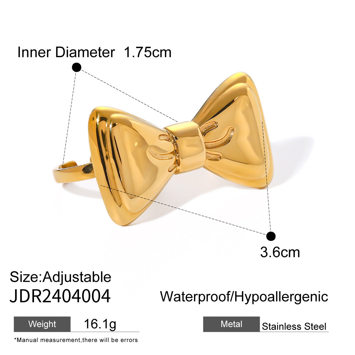 Wholesale bow 18k gold stainless steel bow open two-finger ring