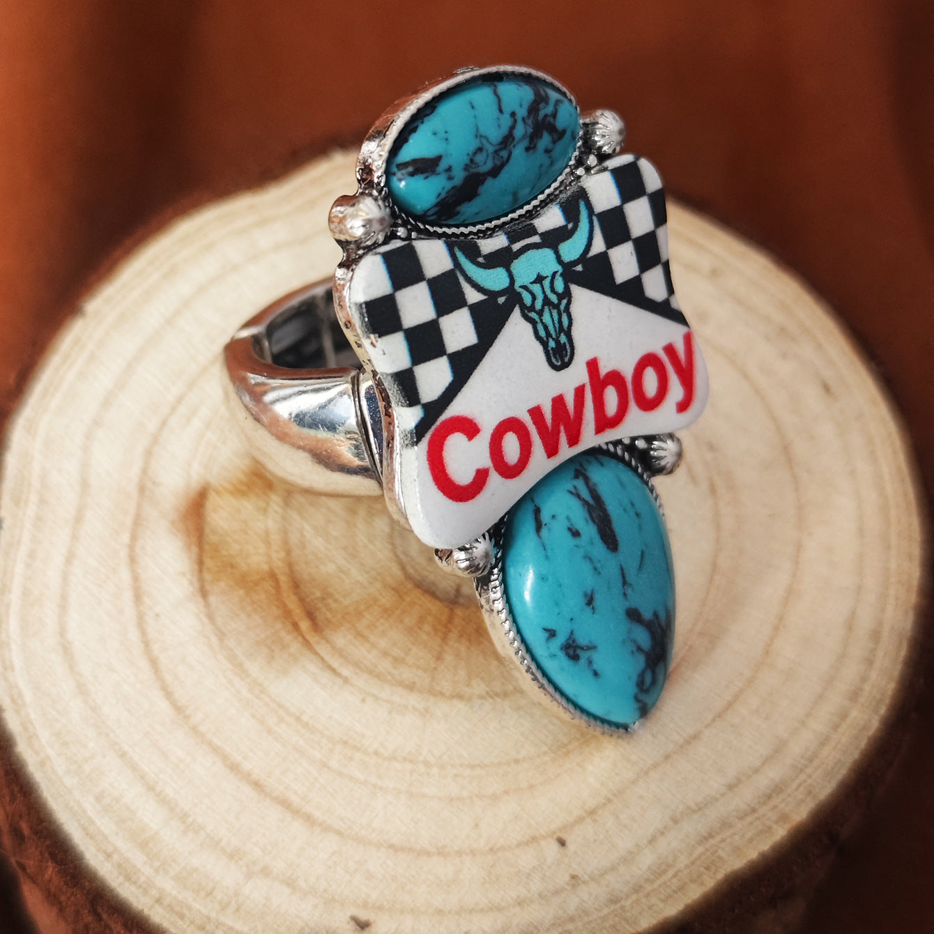 Wholesale Western Cowboy Bohemian Checkerboard Bull Head Jewelry Set Zinc Alloy With Turquoise Pendant Necklace Earrings Ring Trendy Gift
