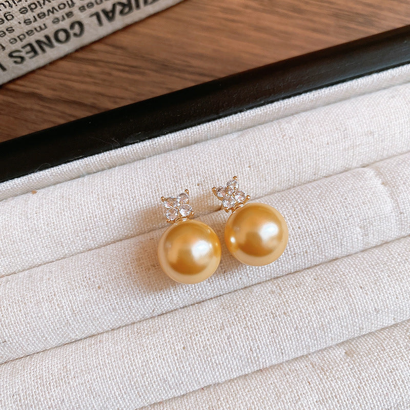 Wholesale Real Gold  Silver Needle Zircon Flower Pearl Earrings