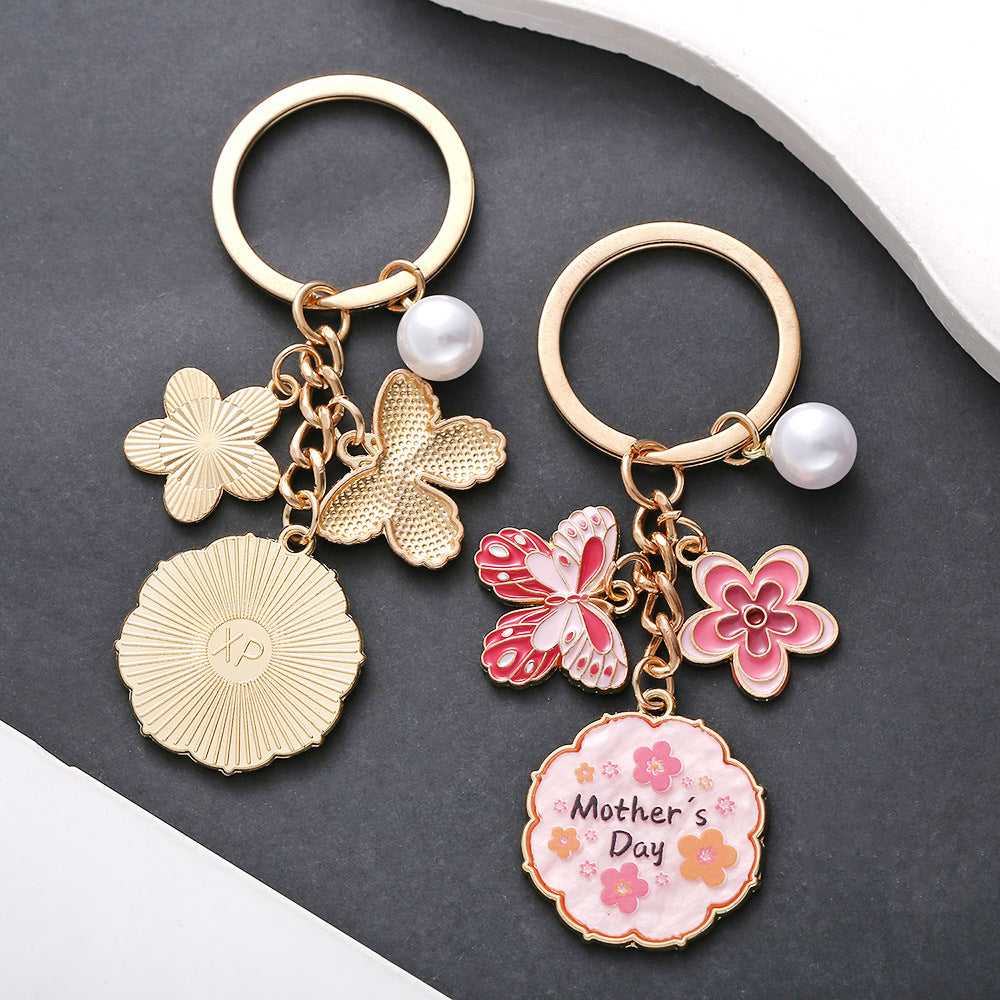 Wholesale Oil Dropping Pink Butterfly Flowers Pearl MOTHER' S DAY Keychain Jewelry Pendant Mother Holiday Gift