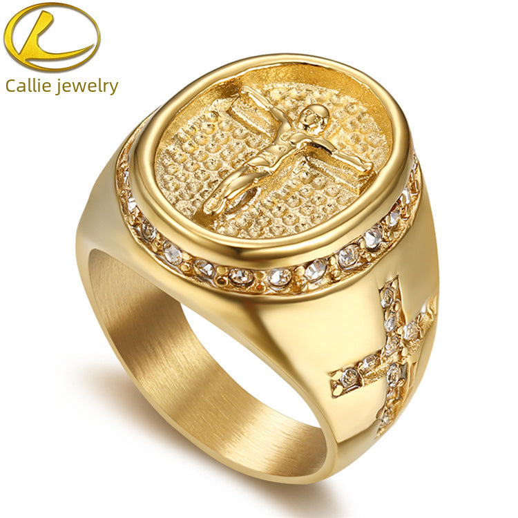 Wholesale head cross stainless steel diamond gold-plated ring