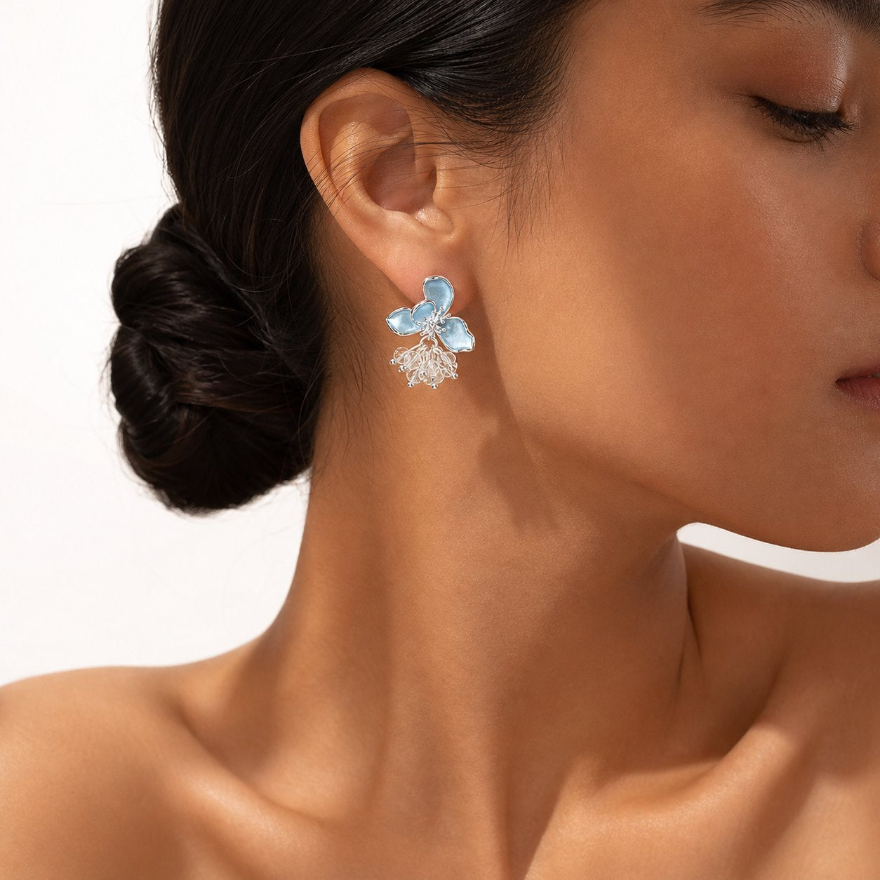 Wholesale French Blue Oil Drop Flower Earrings with Tassels Alloy Jewelry Accessory