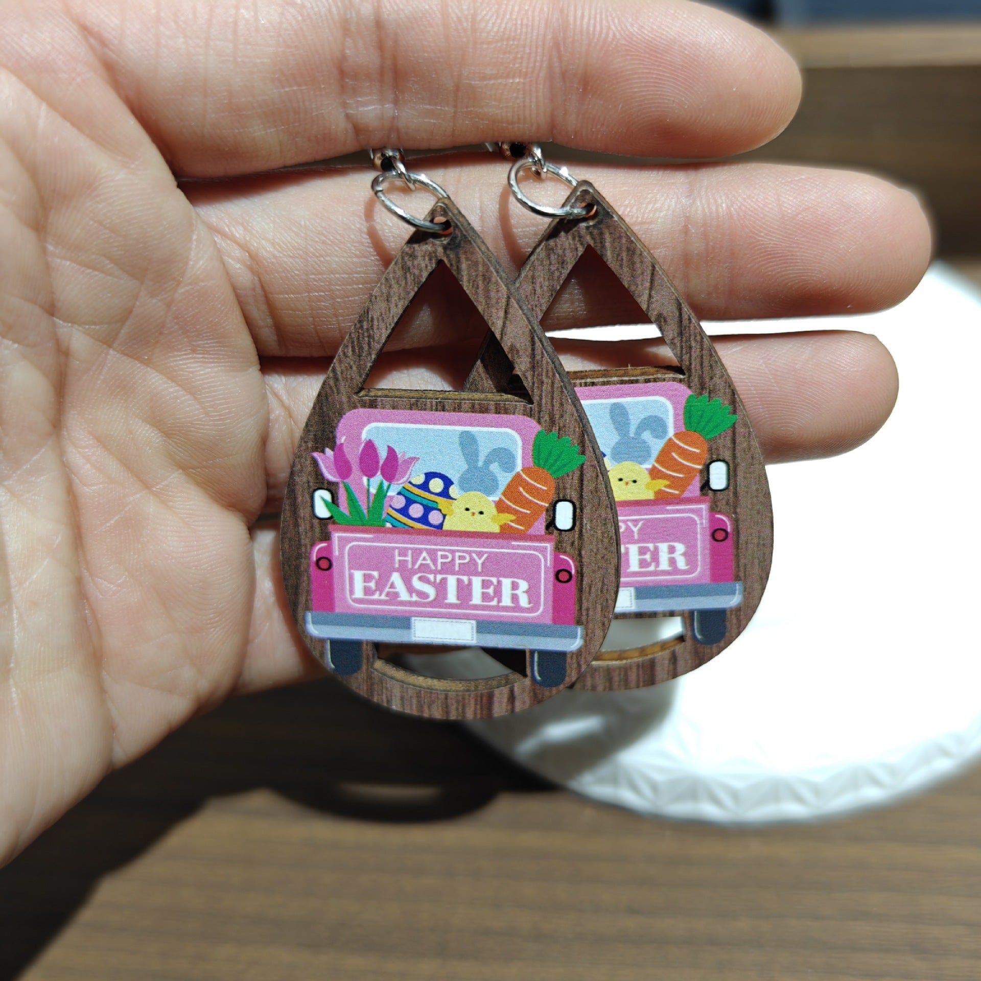 Wholesale Easter Wood Printed Colorful Earrings