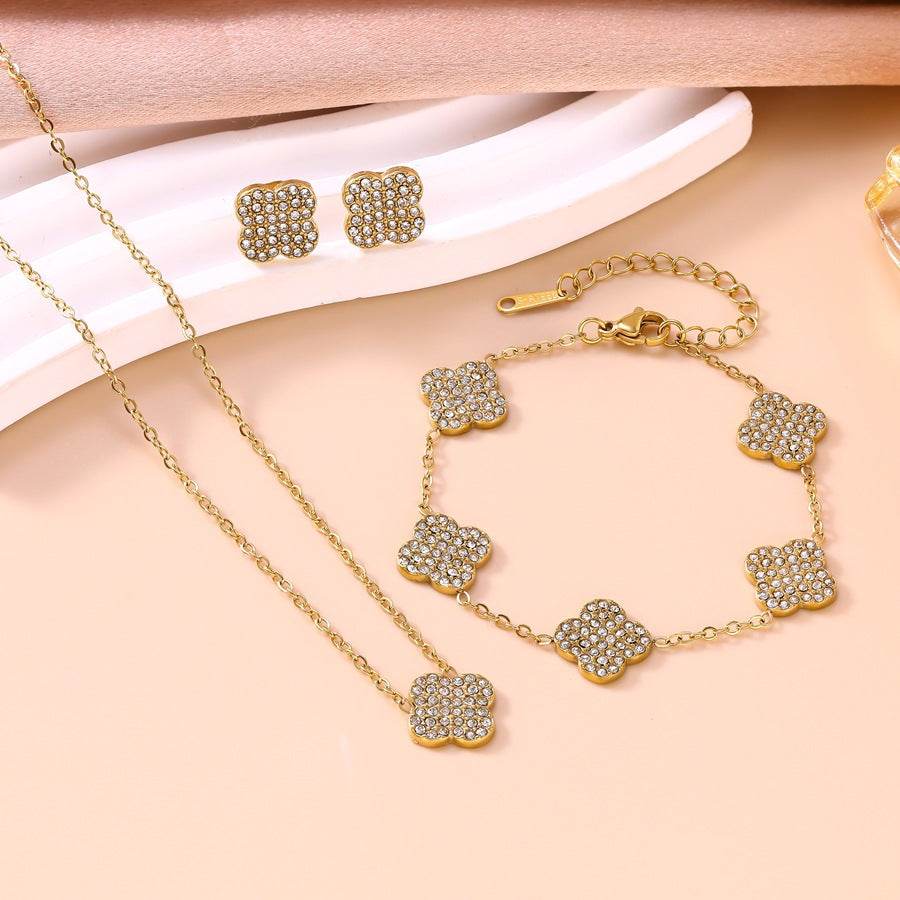 Wholesale Light Luxury Diamond Accent Lucky Four-Leaf Clover Jewelry Set in Titanium Steel - Boutique Resale