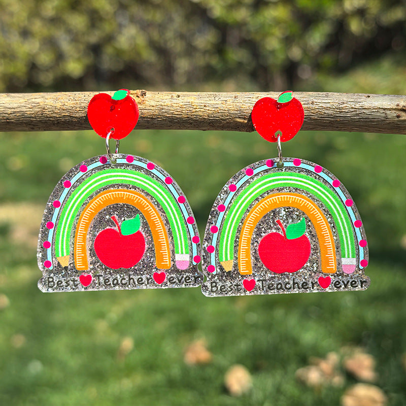 Wholesale  Teachers' Day Acrylic Earrings Pencil Apple Books Single-sided Glitter Earrings