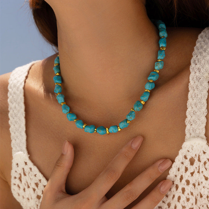 Wholesale Handmade Pine Stone Turquoise Clavicle Necklace Set Retro Blue Beaded Jewelry Accessory Gift