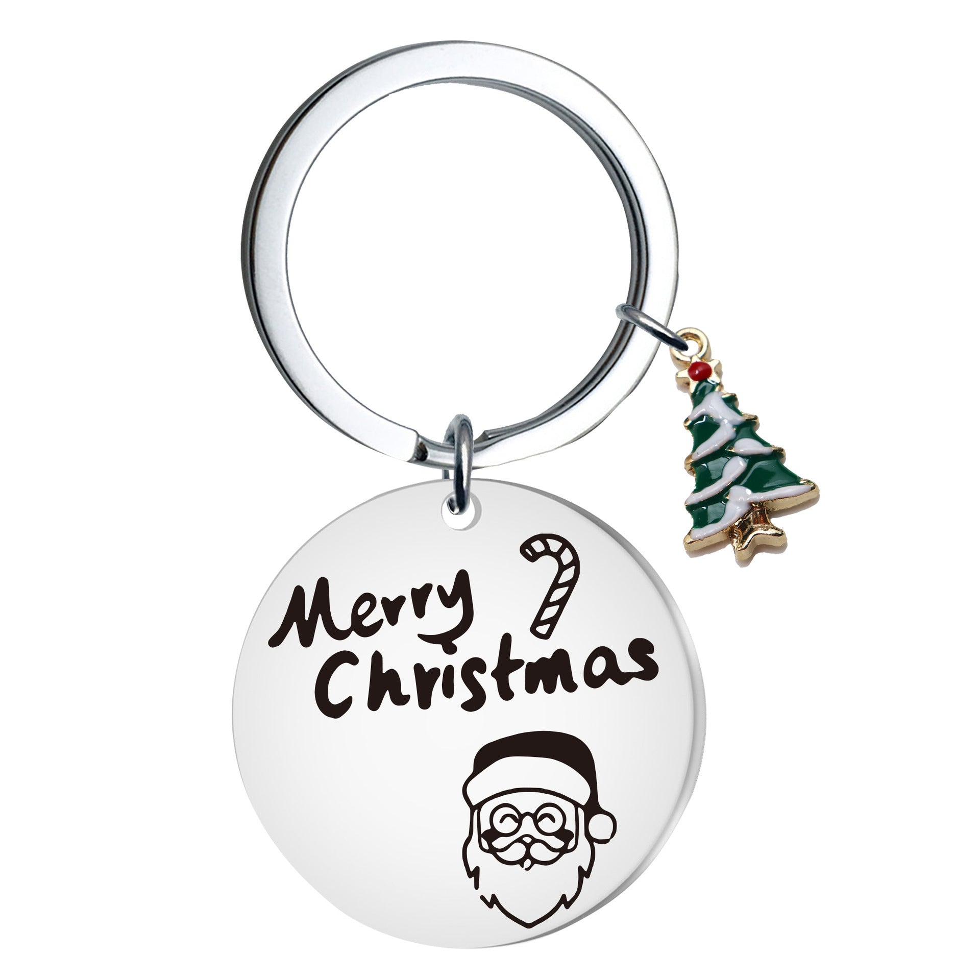 Wholesale Stainless Steel Christmas Tree Keychain Engraved Round Pendant For Car Key And Bag Holiday Gift