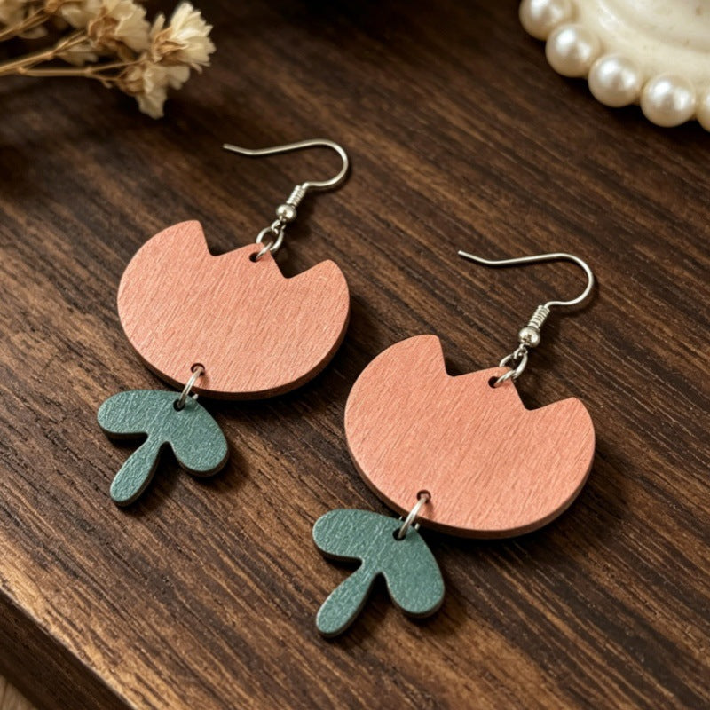 Wholesale Wooden Tulip Earrings Two-Layer with Green Leaves Forest Style Fashion Accessory Party Gift