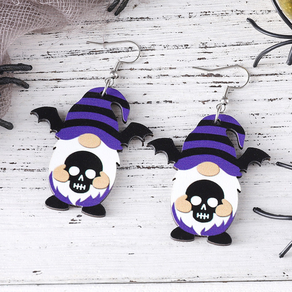 Wholesale Halloween Bat Skull Cute Dwarf Pendant Wood Earrings