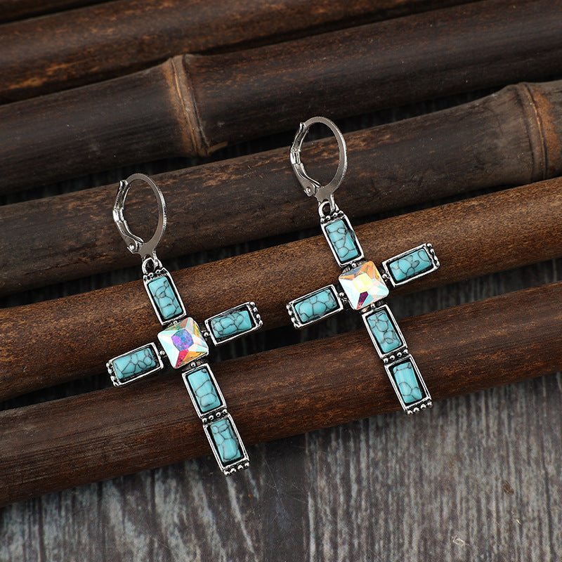 Wholesale w Retro Style Cross Inlaid Turquoise Earrings Bohemian Long Earrings