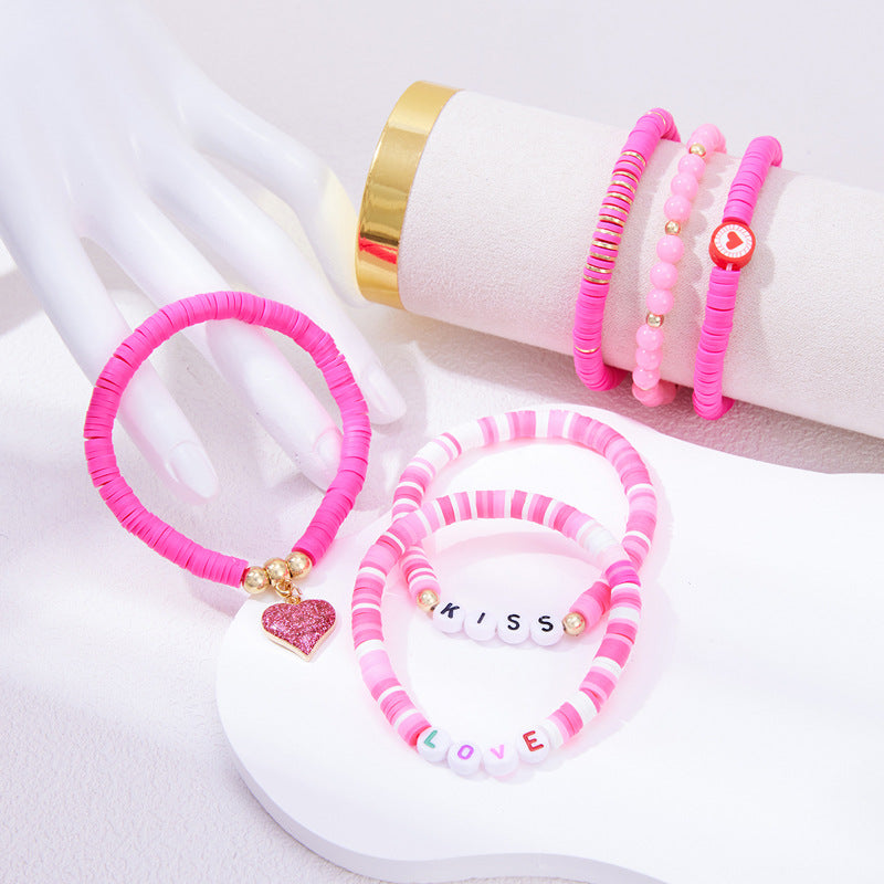 Wholesale Valentine's Day  6 suit  Cute Color Letter Pink Heart Pendant Bracelet