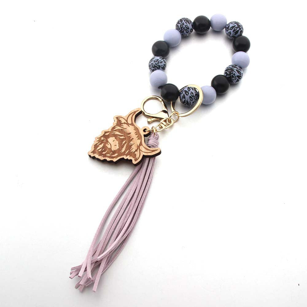 Wholesale Western Style Cow Tassel Wood Beads Beaded Wristlet Keychain ACC-KC-JinAn014