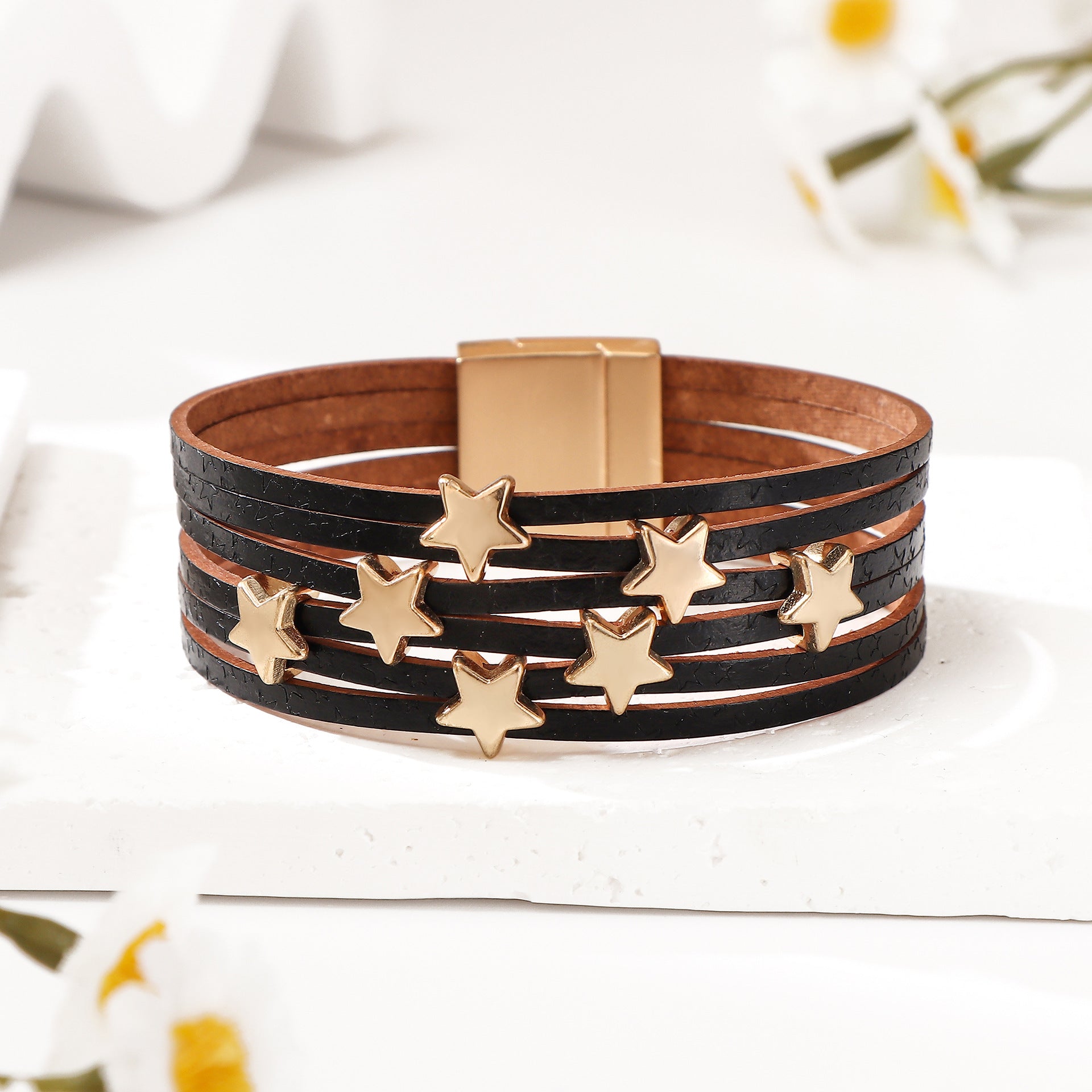 Wholesale Gold Leather Star Multi Layer Bracelet Magnetic Clasp Women S Vacation Style Chic Jewelry Gift