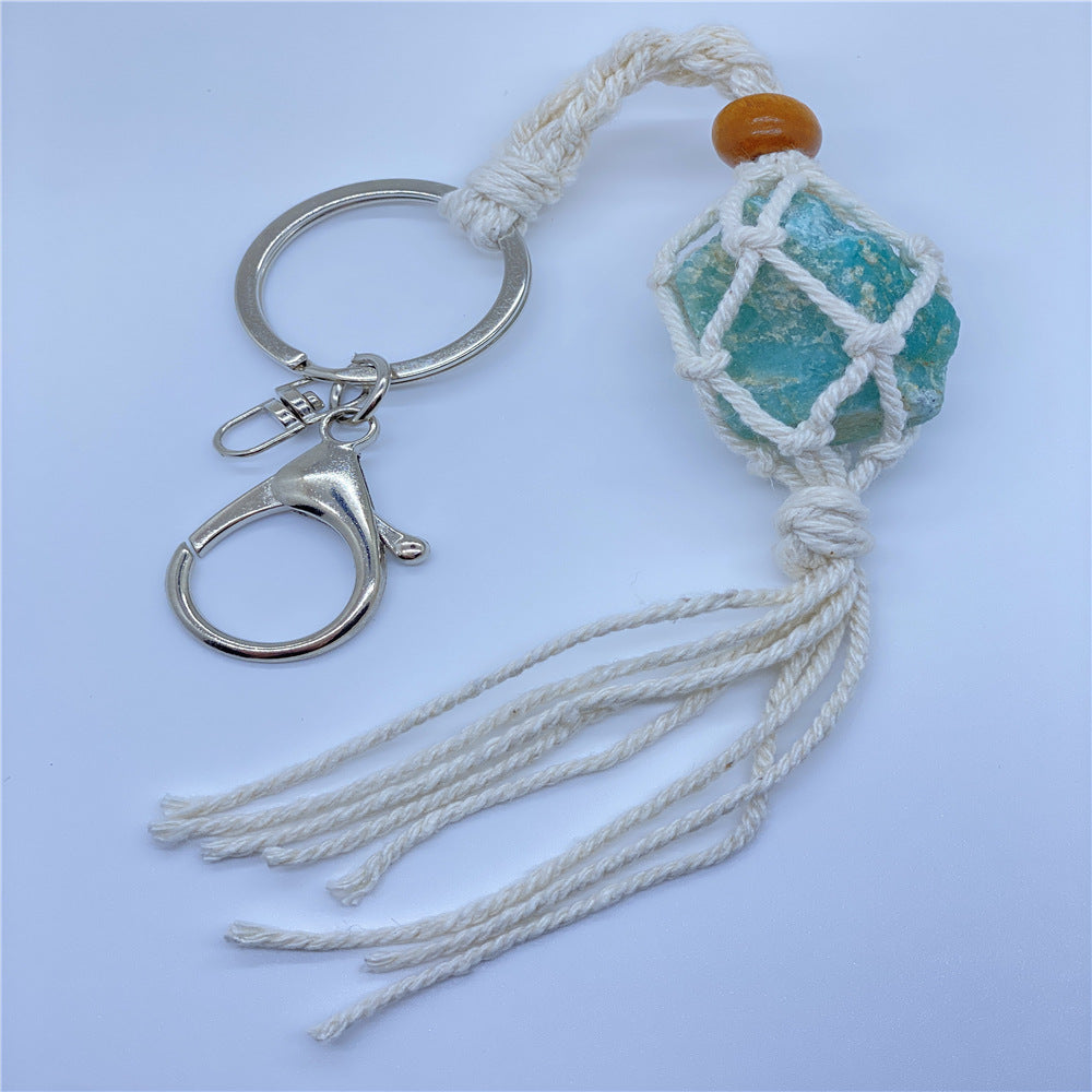 Wholesale Crystal Raw Stone Woven Mesh Pocket Keychain Natural Stone ACC-KC-Nius001