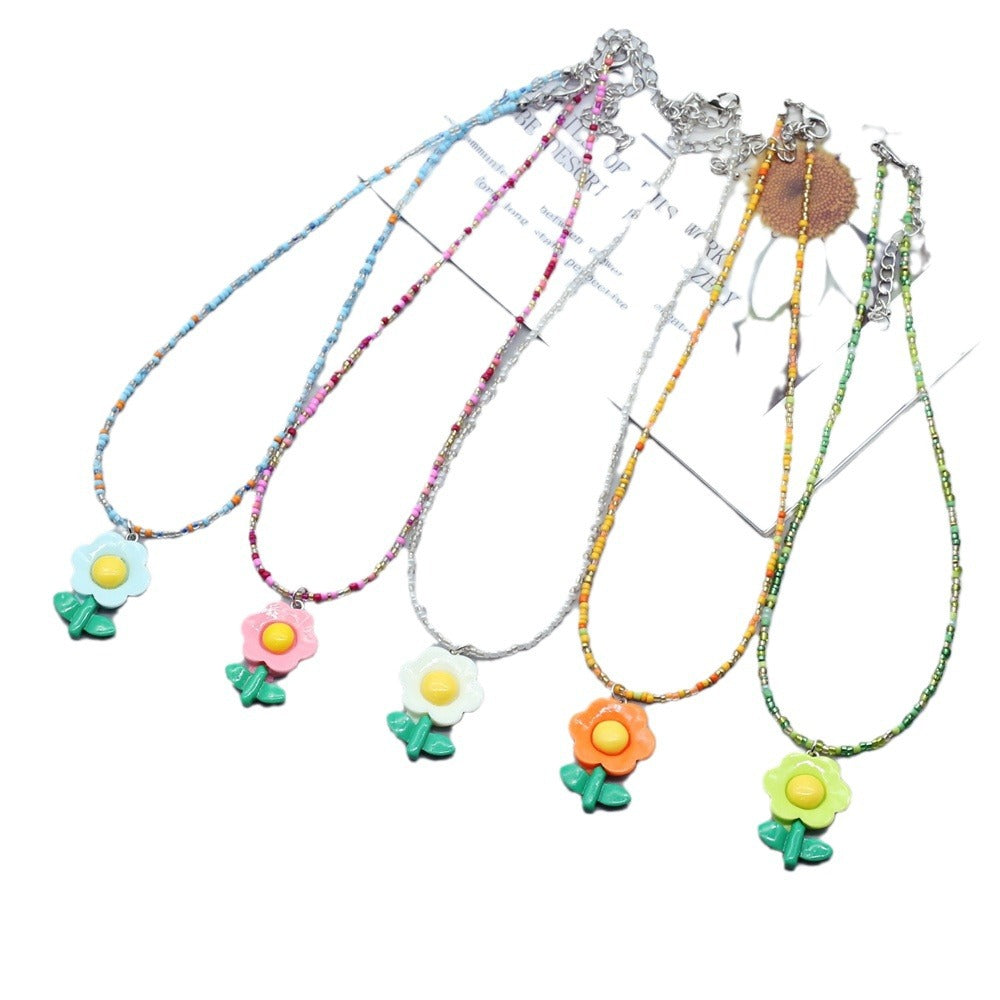 Wholesale  cute girl small rice beads necklace sunflower flower pendant clavicle chain