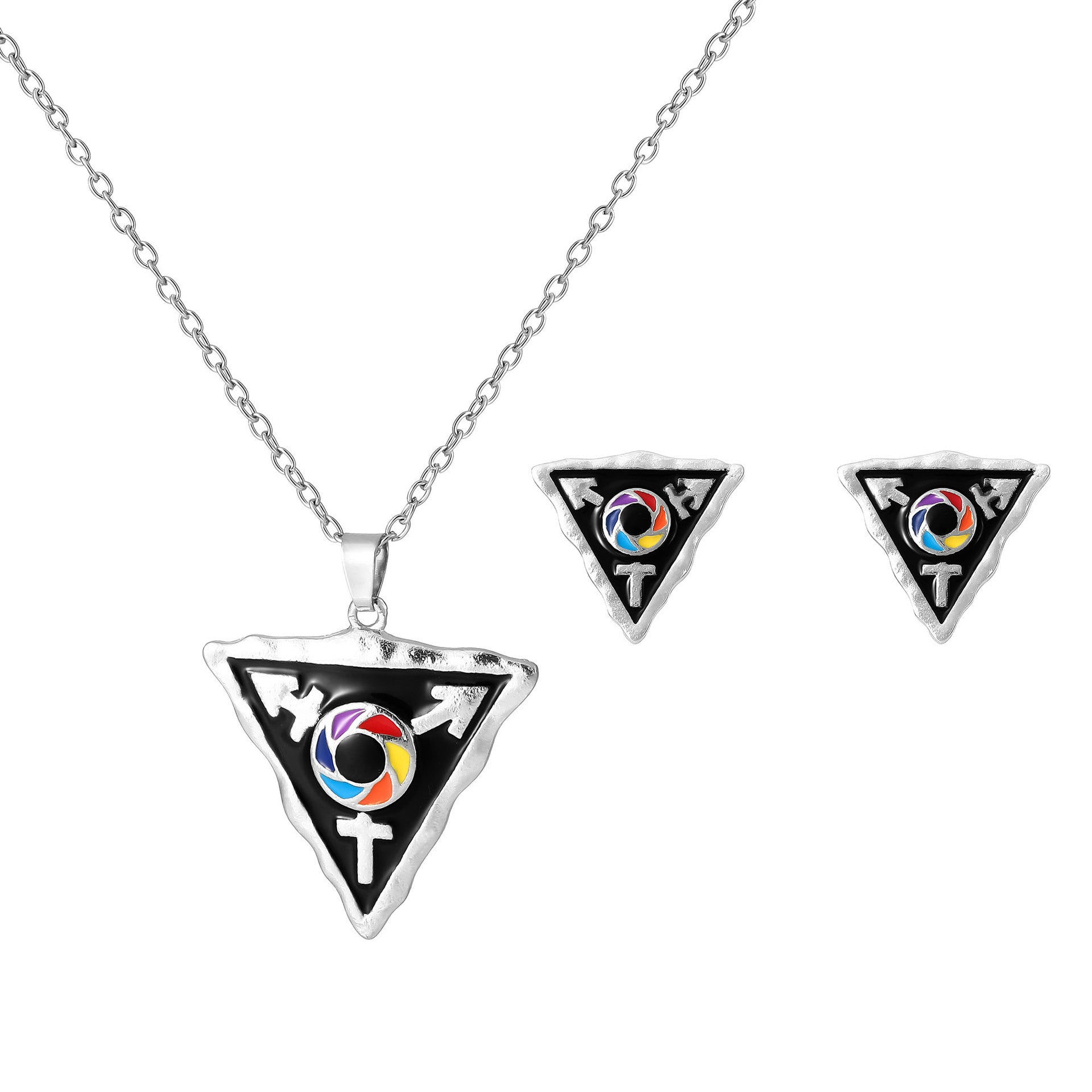 Wholesale  personality drop oil color triangle multi gender necklace earrings  suit