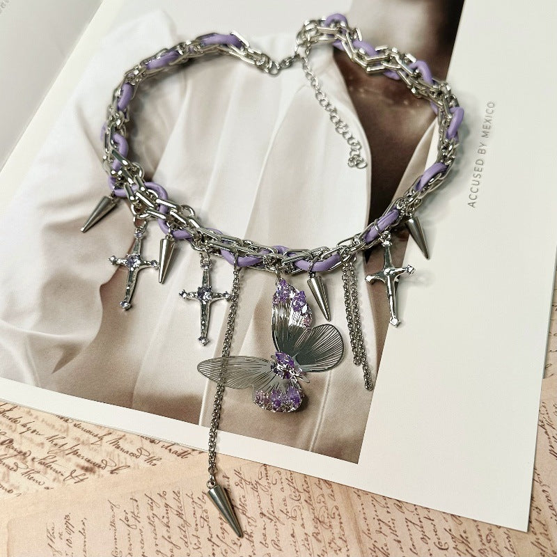 Wholesale Hollow Butterfly Diamond Purple Leather Rope Chain Necklace