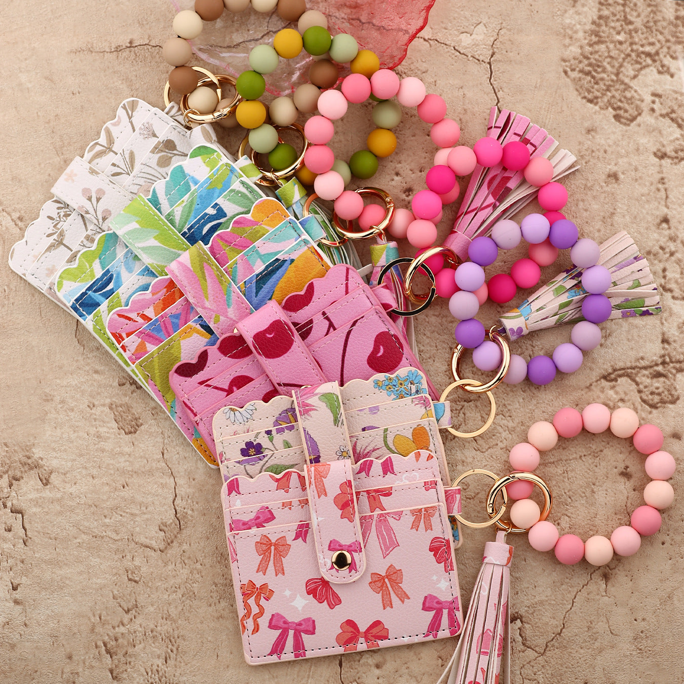 Wholesale  silicone bead bracelet printed card holder Wristlet Keychain