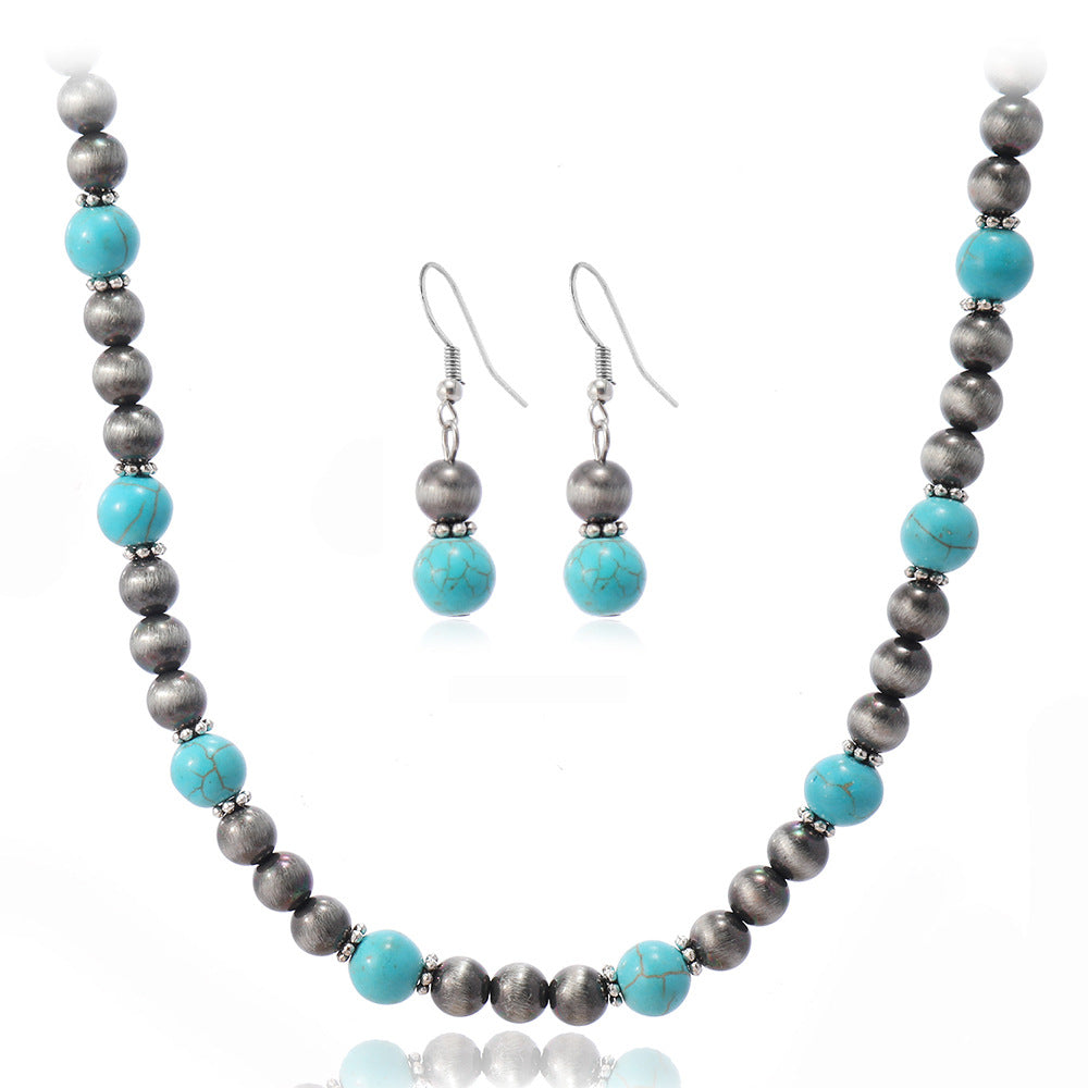 Wholesale  2-piece Set Fashion Turquoise Beaded Women's Earrings Necklace Chain