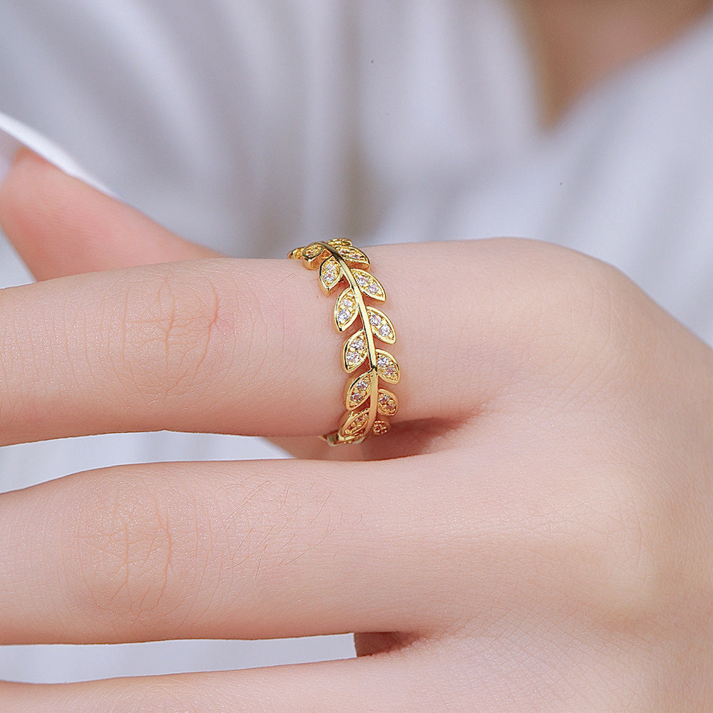 Wholesale Gold Copper Zircon Leaf Open Ring Women S Chic Fashion Jewelry Accessory