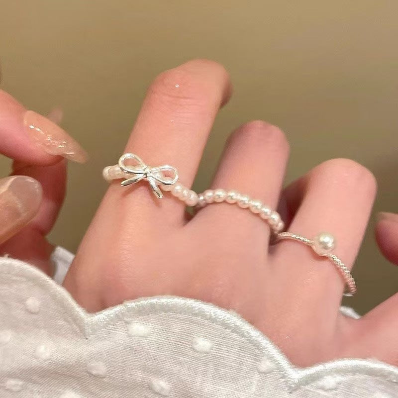 Wholesale Alloy Pearl Beaded Adjustable Bow Ring For Women Trendy Jewelry Accessory
