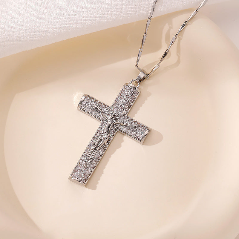 Wholesale Cross-Border Hot-Selling Fashionable Versatile Copper Inlaid Zircon Cross Pendant Necklace High-End Hip-Hop Portrait Necklace