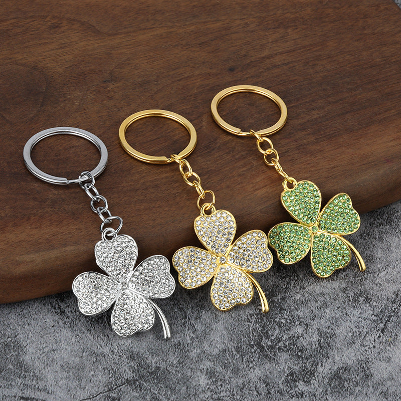 Wholesale Minimalist Lucky Four-Leaf Clover Keychain Zinc Alloy Diamond-Encrusted Fashion Accessory Gift