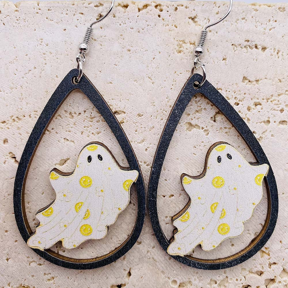 Wholesale Ghost Pumpkin Printed Pendant Earrings Halloween Wooden Earrings