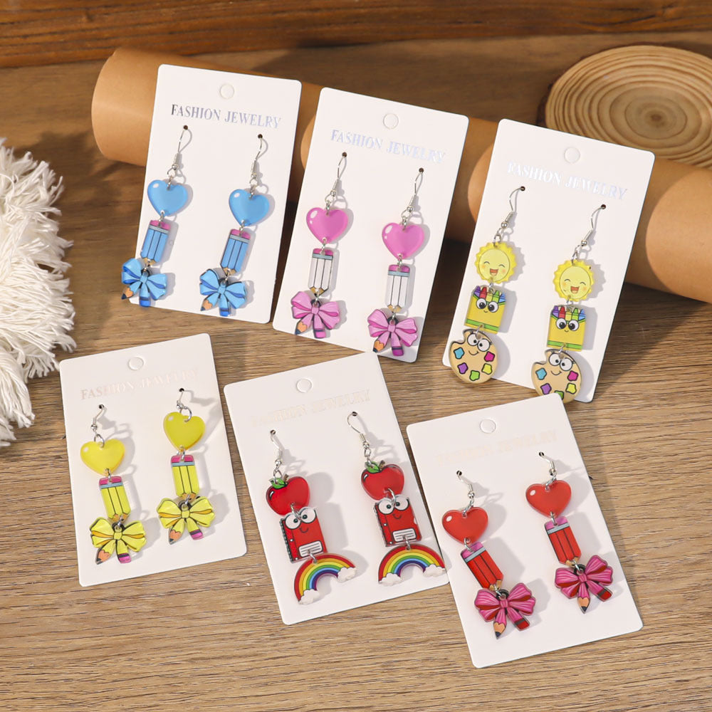 Wholesale Colorful Dopamine Back to School Season Teacher' s Day Pencil Heart Earrings