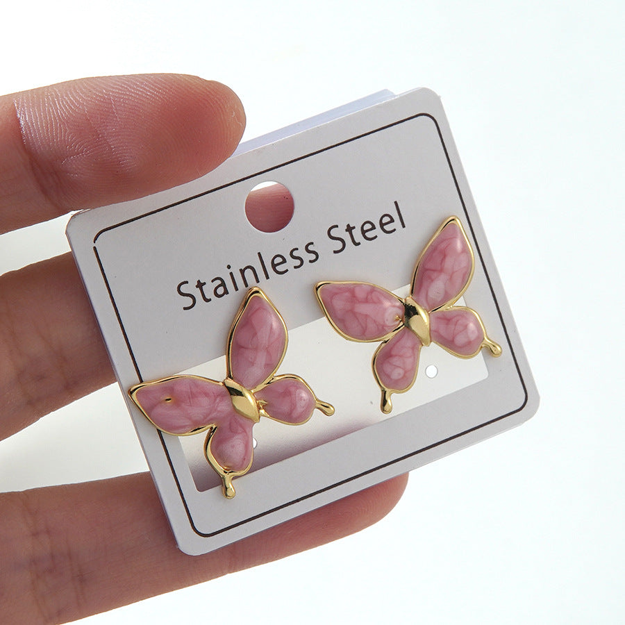 Wholesale Stainless Steel Oil-Drip Earrings,  Petal Flower Butterfly Design,  Stylish Fashion Accessory for Party Wear
