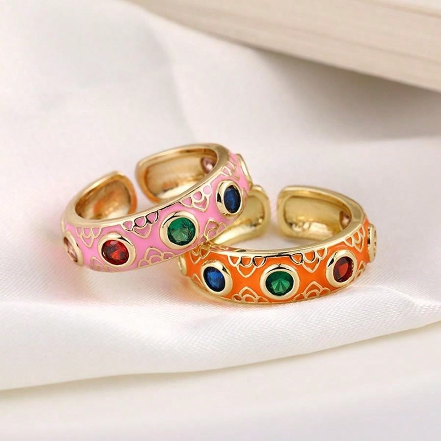 Wholesale Enamel dripping oil inlaid with colored diamonds Bohemian style ring