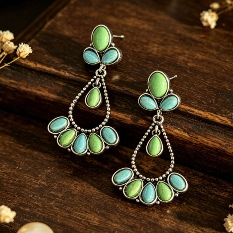 Wholesale Vintage Bohemian Two-Tone Turquoise Teardrop Hollow Earrings Alloy Party Jewelry Accessory