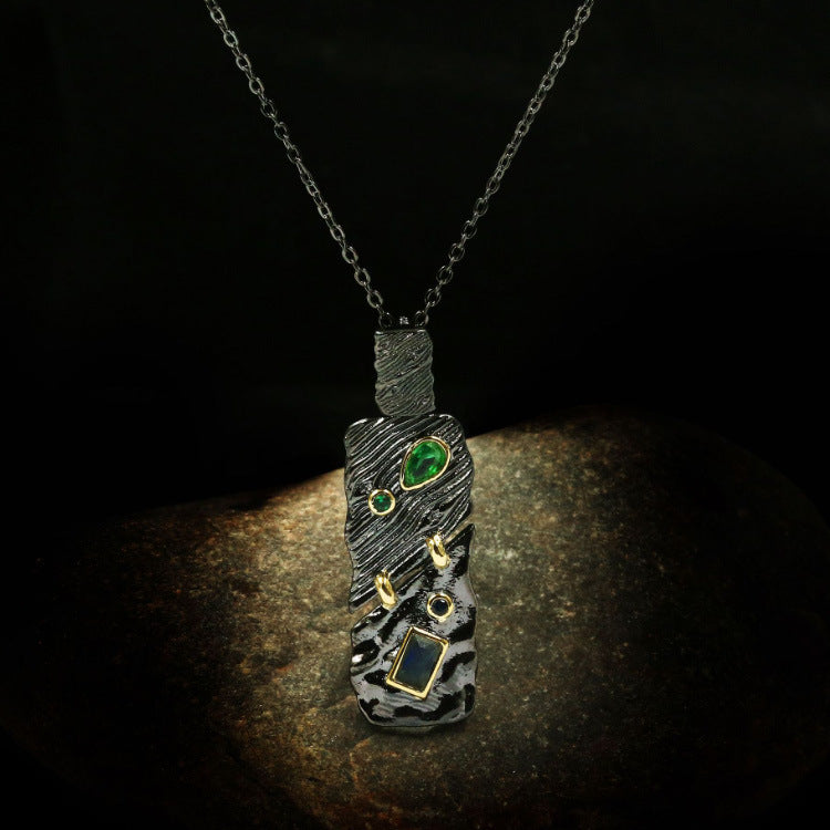 Wholesale  black gold three-piece set embossed ring black color stone ethnic retro style necklace