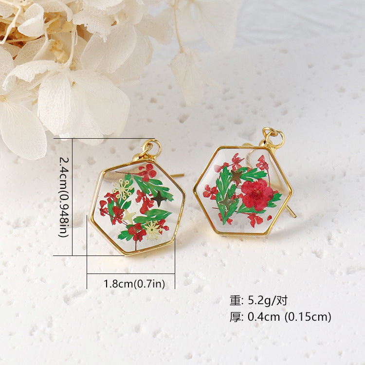 Wholesale Christmas Dried Flower Resin Preserved Flower Earrings