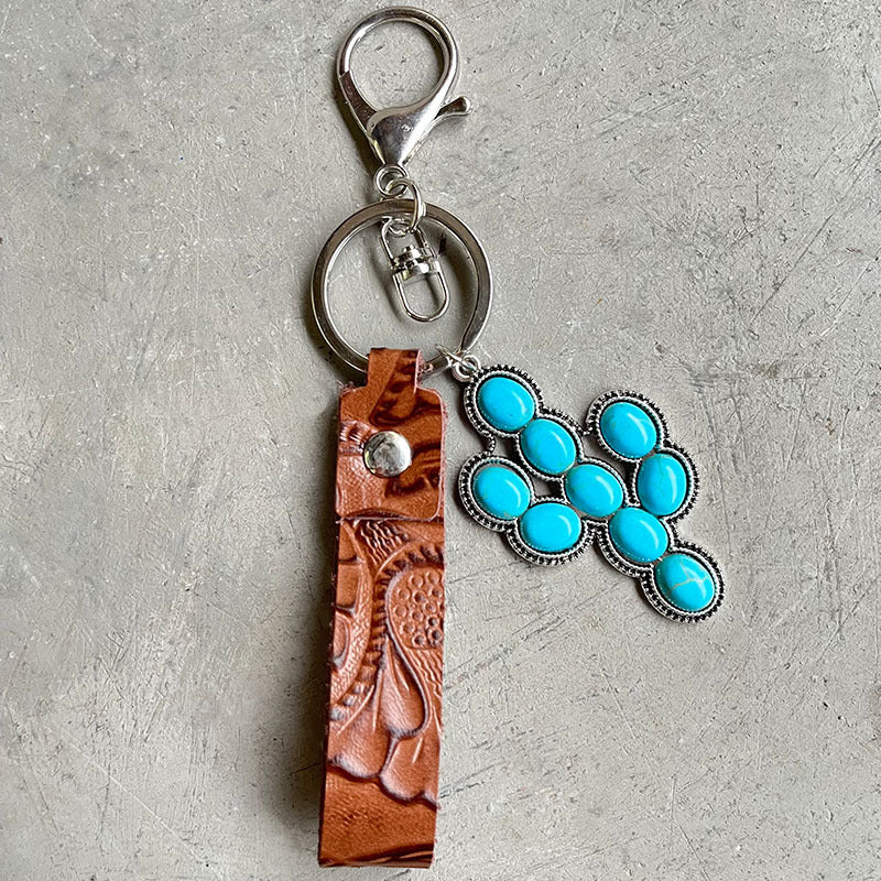 Wholesale Embossed Cowhide Leather Keychain With Turquoise Pumpkin Pendant Western Retro Style Key Ring Fashion Accessory