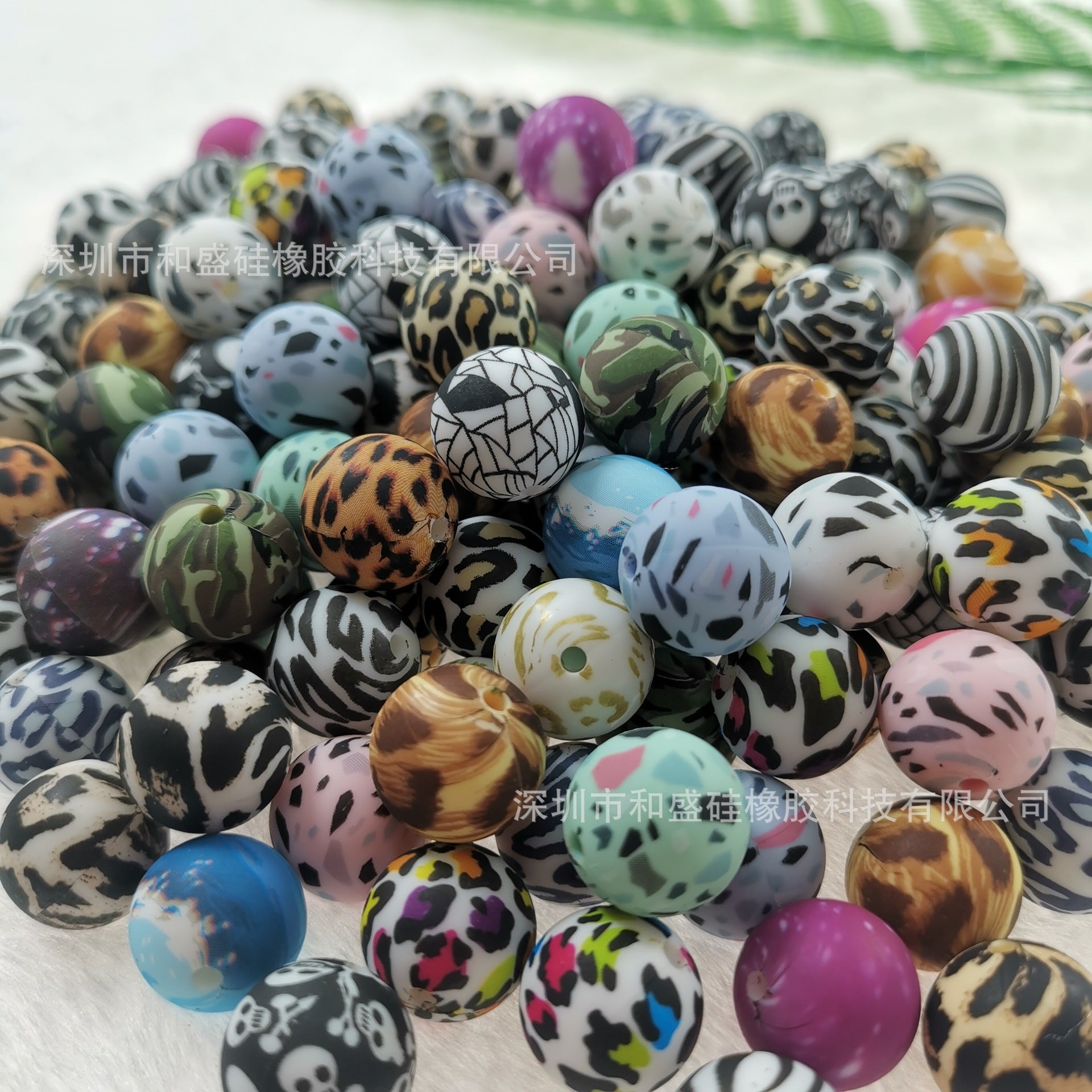 Wholesale 50pcs 15mm Western Style Leopard Skull Color Aztec Printed Silicone Balls Beads ACC-BDS-HeSheng002