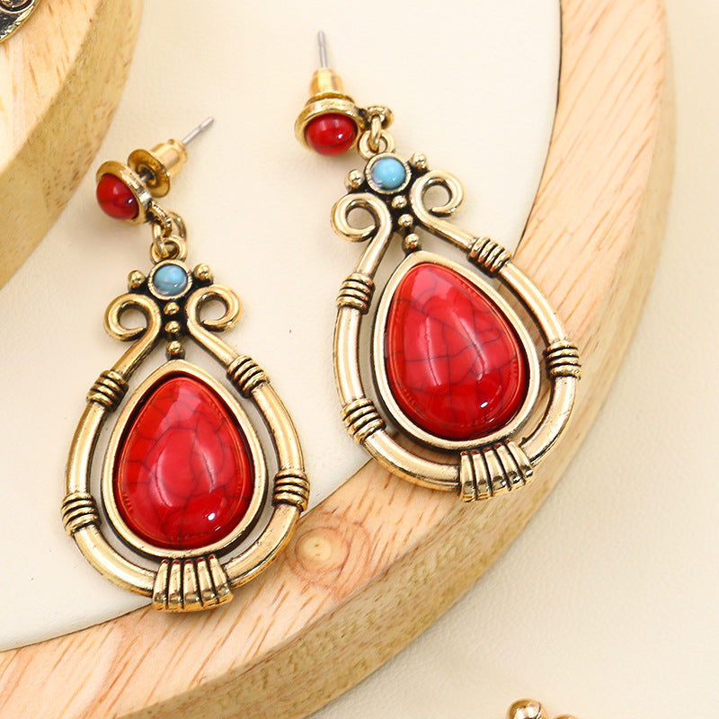 Wholesale French Retro Ethnic Style Red Rice Bead Round Earrings Alloy Dripping Oil Finish Everyday Wear Gift