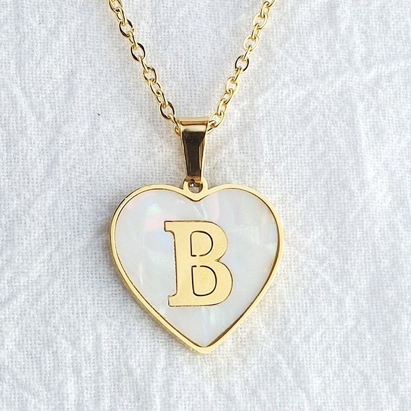 Wholesale 26 English Letters Heart Inlaid Shell Titanium Steel Necklace ACC-NE-DingChao002