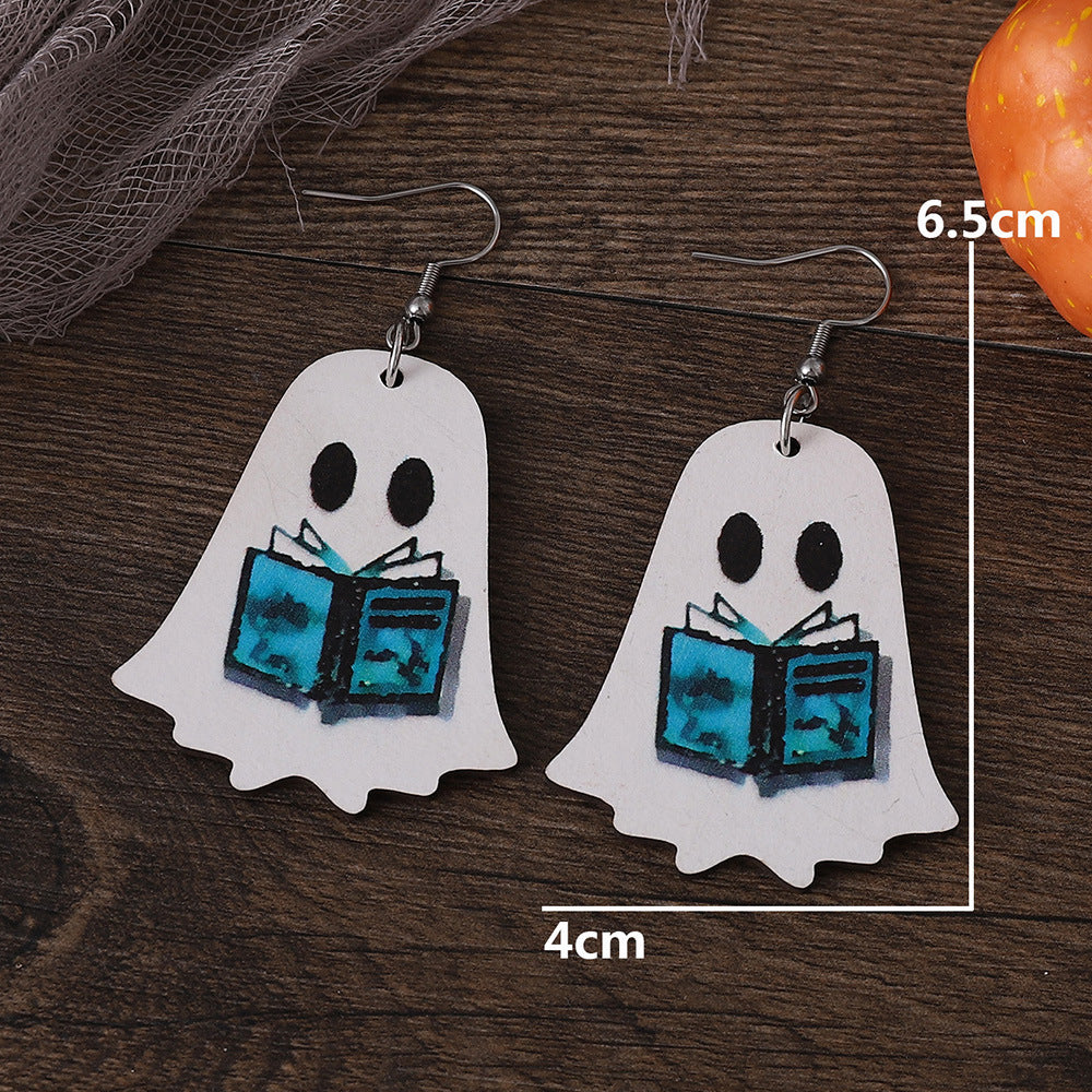 Wholesale Halloween Gothic Style Cute Ghost Flower Book Pocket Ghost Pendant Wooden Double Sided Earrings